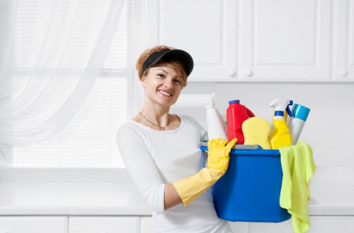 Cleaner inspecting an area for hazards before starting work